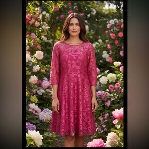 HAOKEKE PINK SIZE S LINED LACE A-LINE ROUND NECK 3/4 SLEEVE DRESS NEW TAGS